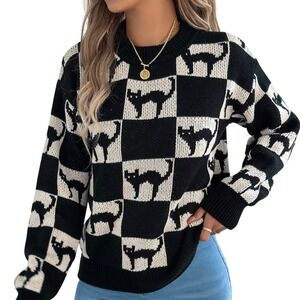 Checkerboard Black Cat Goth Grunge Knit Crewneck Pullover Sweater Size M